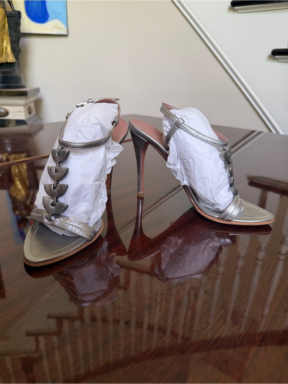 Alaia Silver Metallic Gunmetal Leather Stiletto Sandals